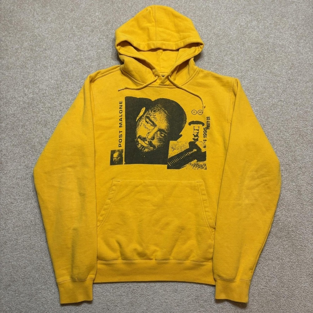 Post Malone Hoodie Sweatshirt Mens Small Yellow Posty Co Graphic Fleece Pullover